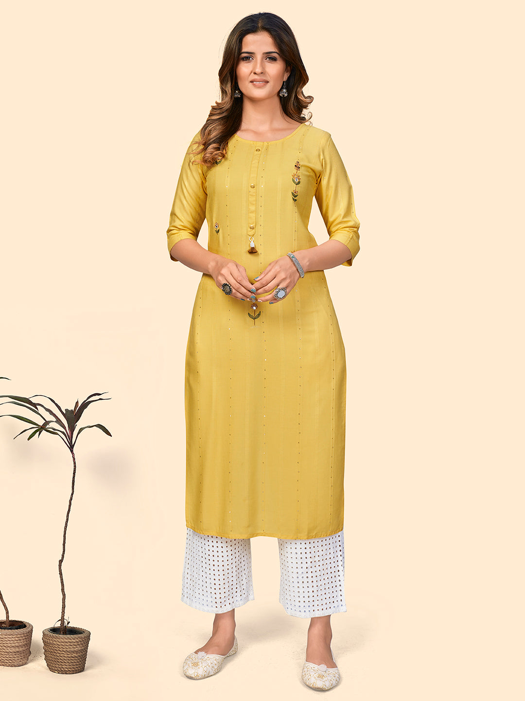 Women's Sequence & Hand Work Straight Viscose Yellow Stitched Kurta - Vbuyz