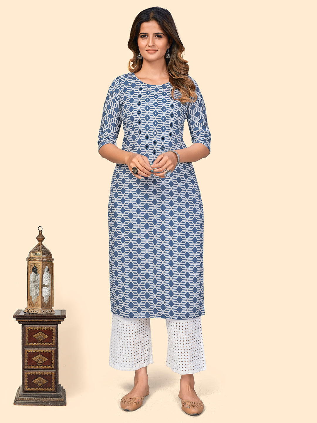 Women's Print & Mirror Work Straight Viscose Blue Stitched Kurta - Vbuyz