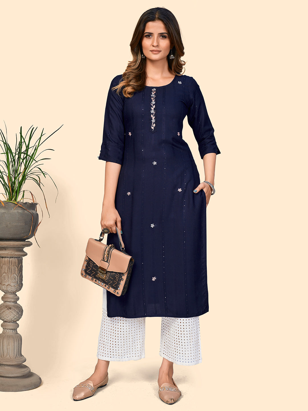 Women's Sequience & Hand Work Straight Viscose Navy Blue Stitched Kurta - Vbuyz