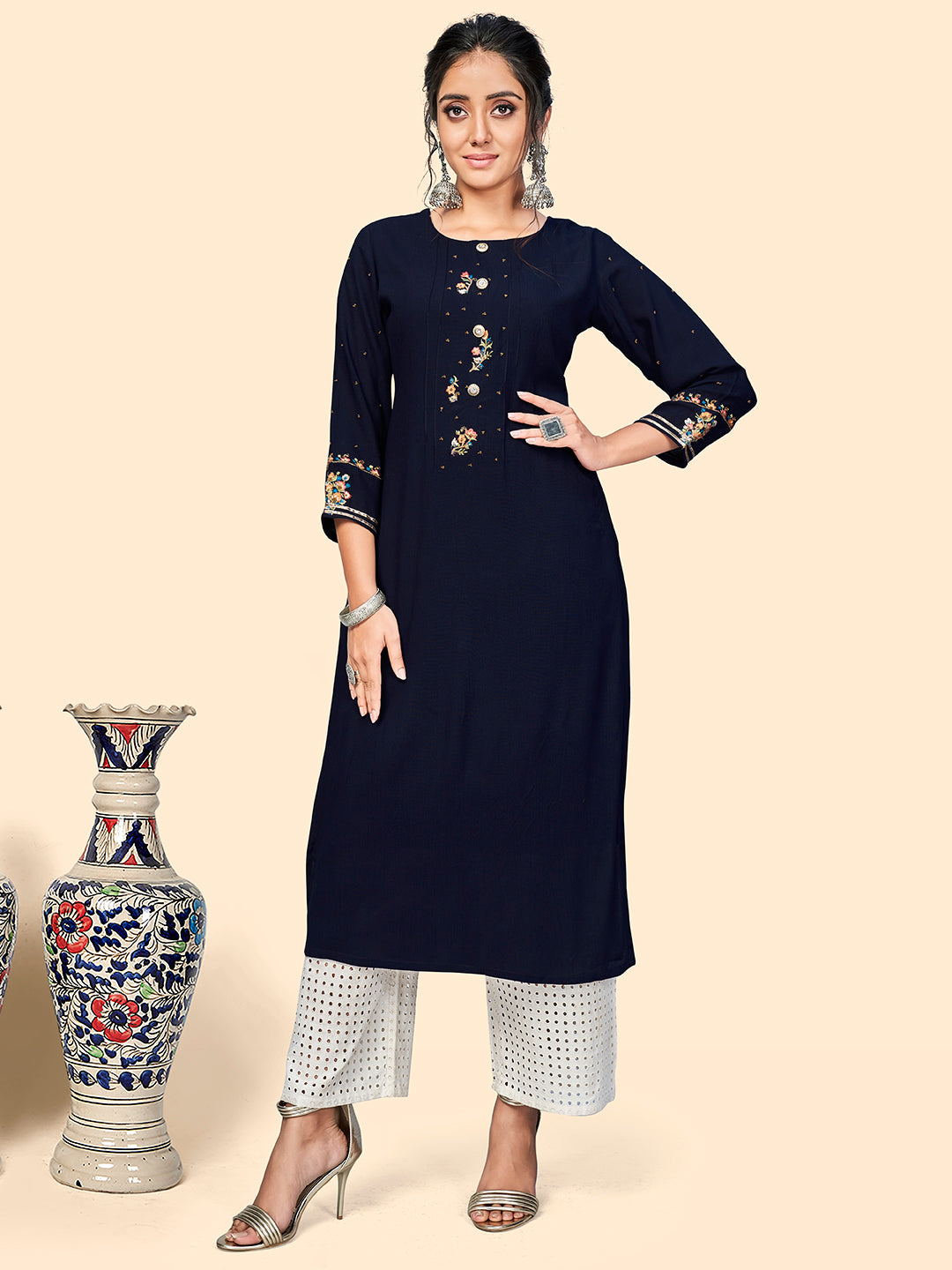 Women's Viscose Embroidered Straight Stitched Kurta - Vbuyz