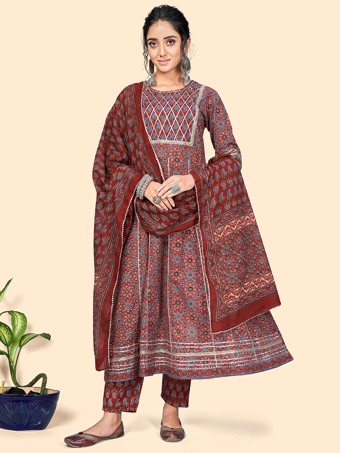 Women's Viscose Printed & Gota Patti Anarkali Stitched Kurta Pant With Dupatta - Vbuyz