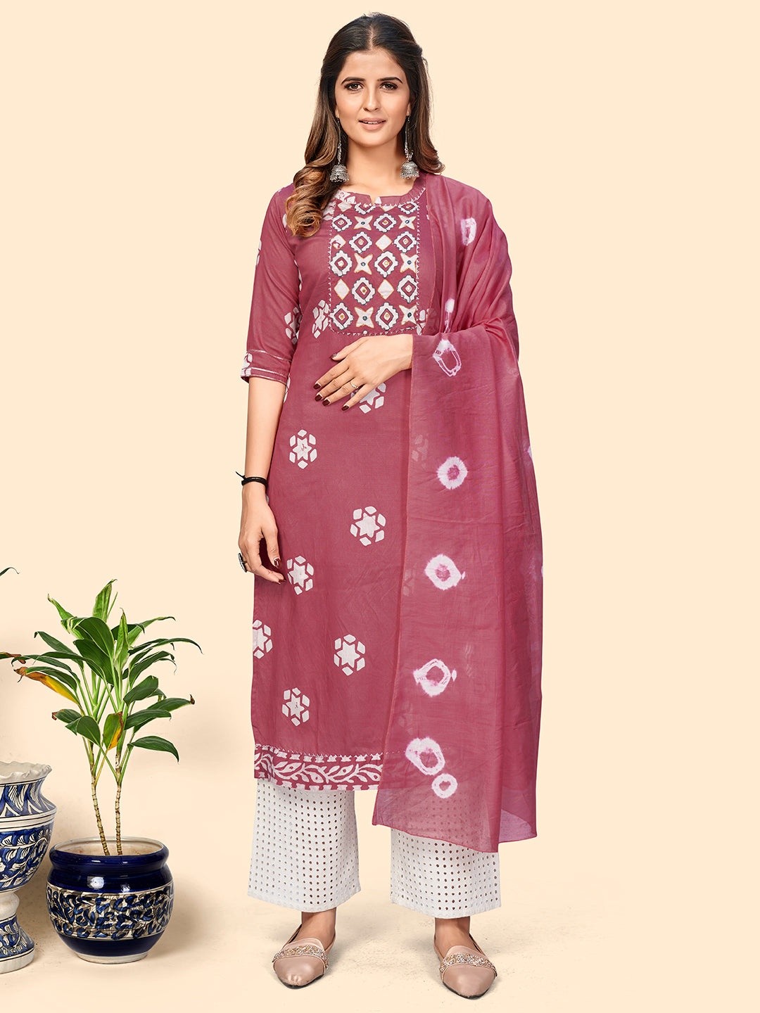 Women's Batik Print & Mirror Straight Chanderi Magenta Stitched Kurta With Dupatta - Vbuyz