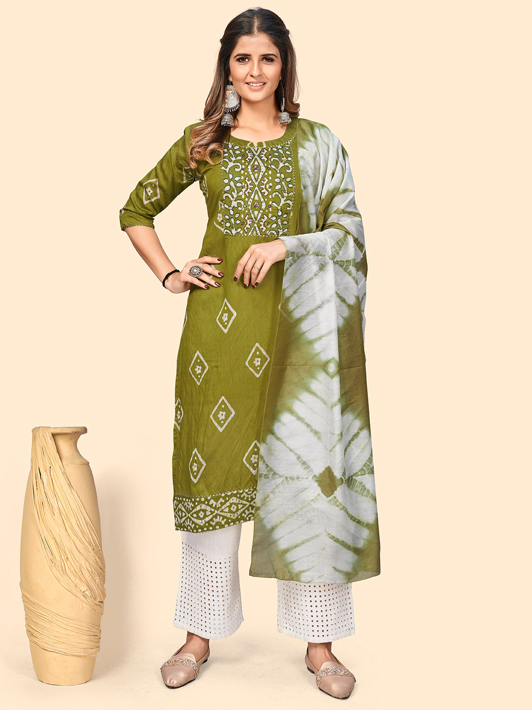 Women's Batik Print & Mirror Straight Chanderi Parrot Green Stitched Kurta With Dupatta - Vbuyz