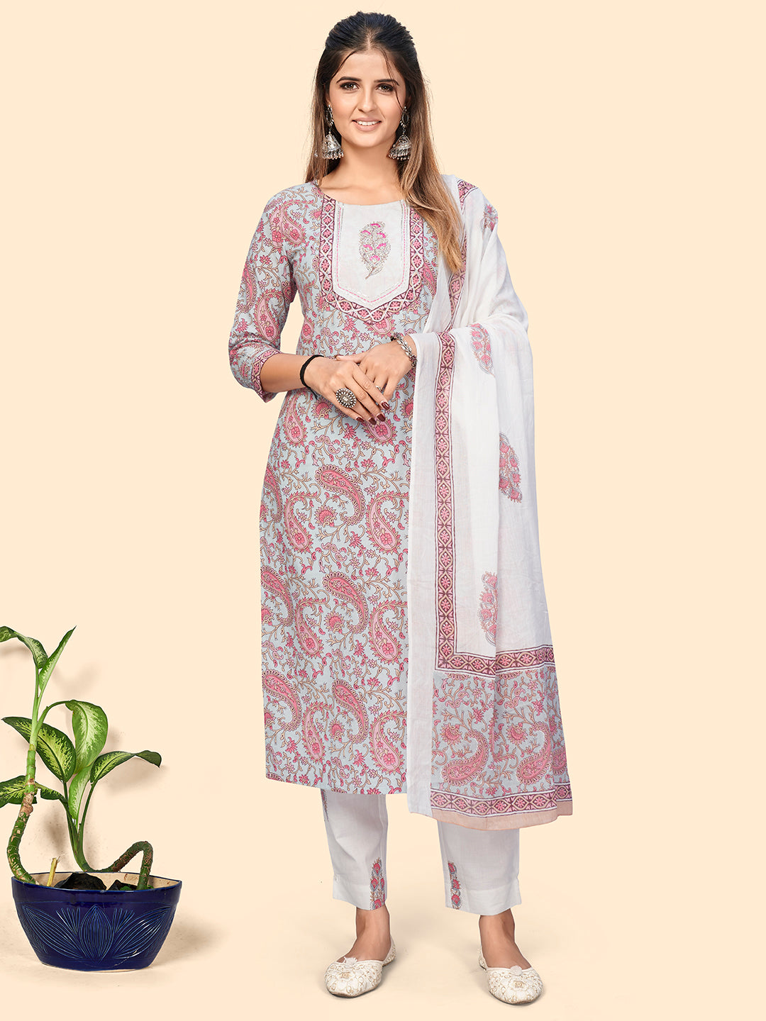 Women's Print & Gota Patti Straight Cotton Beige Stitched Kurta Pant With Dupatta - Vbuyz