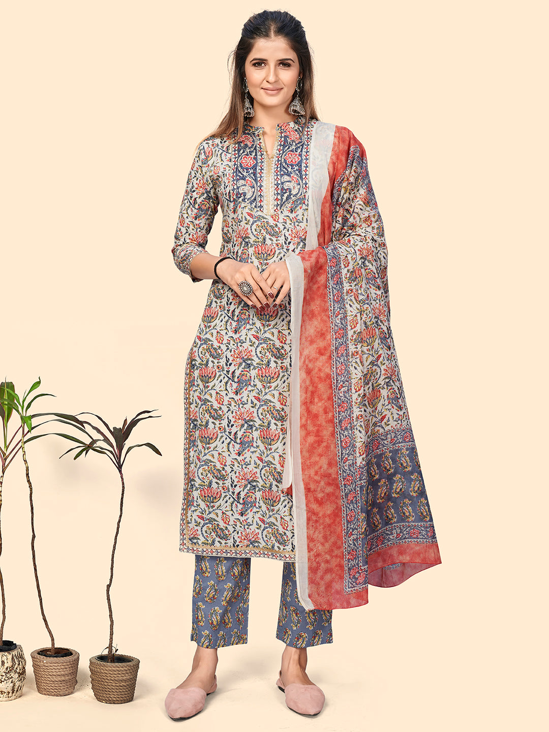 Women's Print & Embroidered Straight Cotton Light Blue Stitched Kurta Pant With Dupatta - Vbuyz