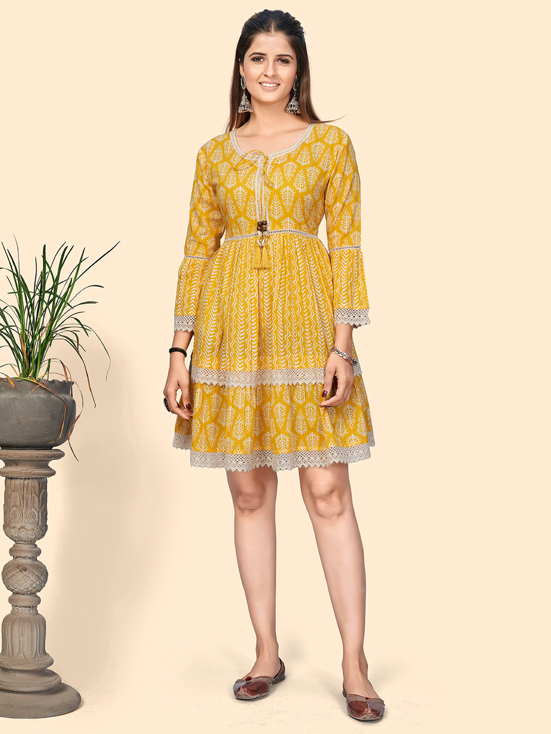 Women's Printed & Lace Border A-Line Cotton Yellow Stitched Dress - Vbuyz