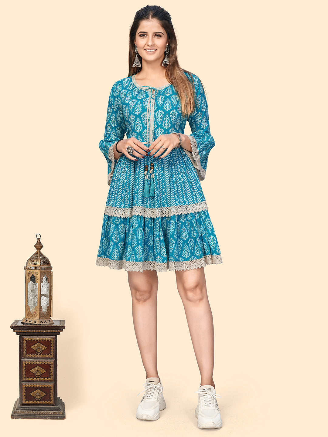 Women's Printed & Lace Border A-Line Cotton Sky Blue Stitched Dress - Vbuyz