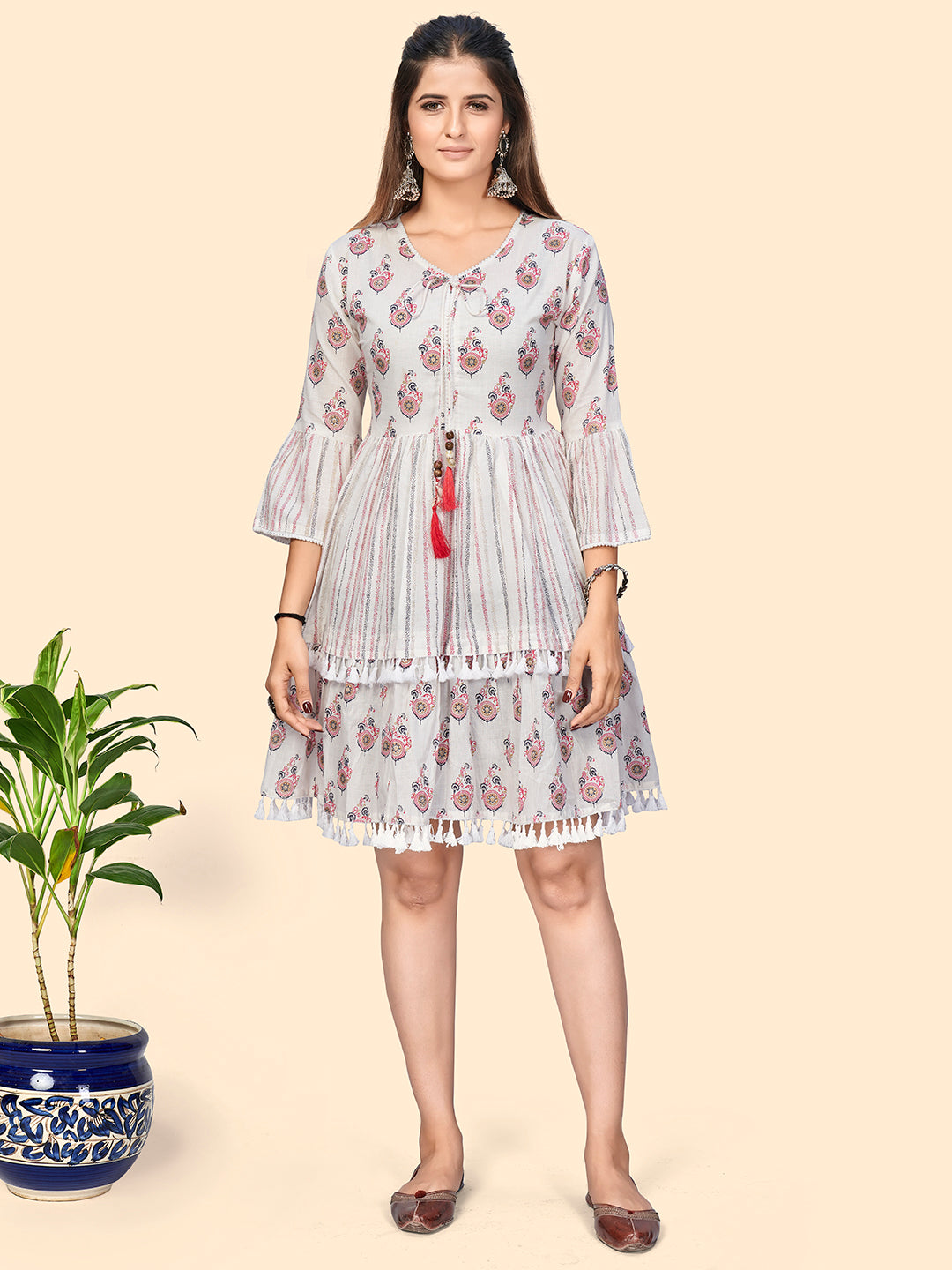 Women's Print & Lace Insertion A-Line Cotton White & Pink Stitched Dress - Vbuyz