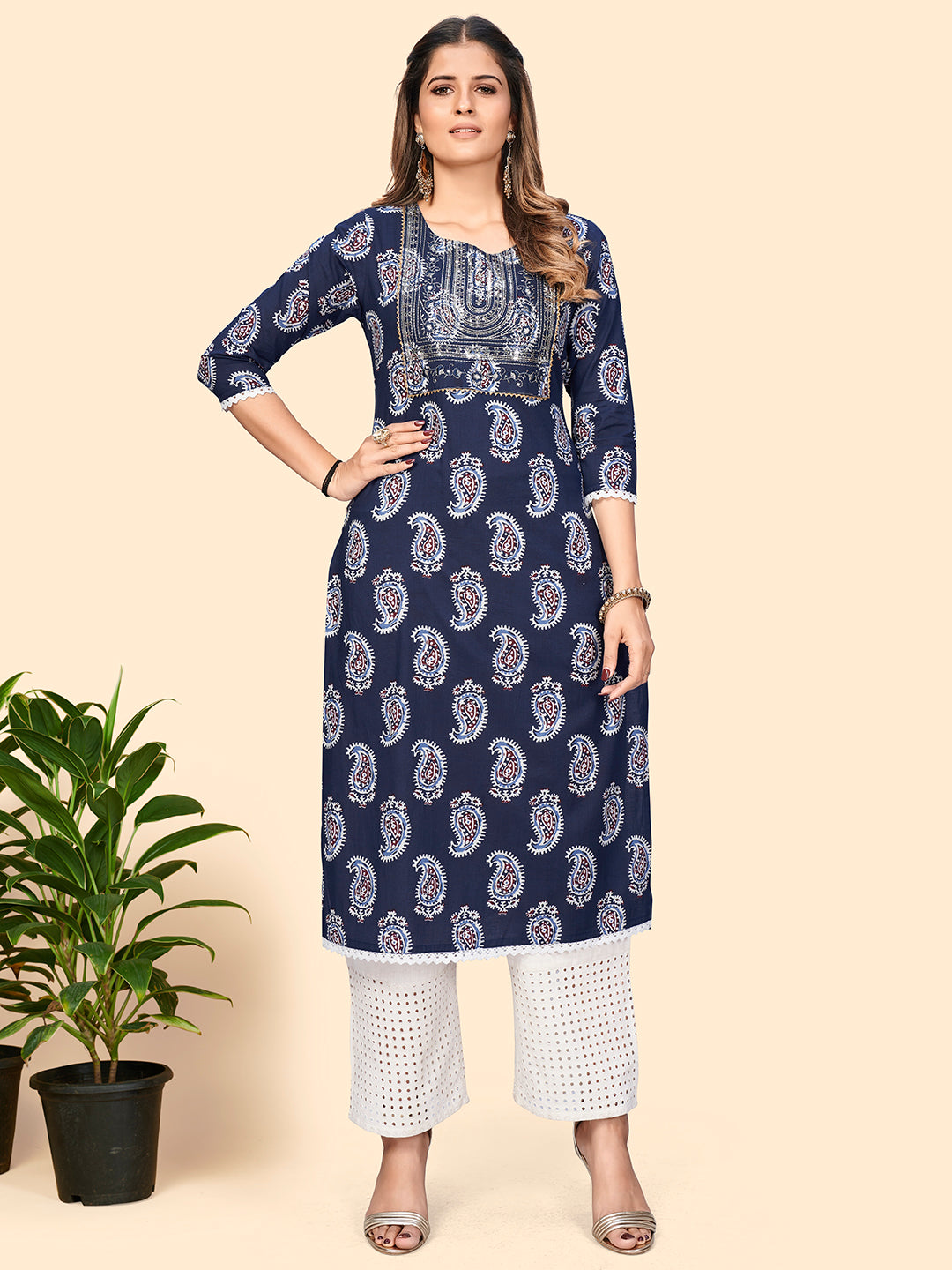 Women's Print & Sequience Straight Cotton Blue Stitched Kurta - Vbuyz