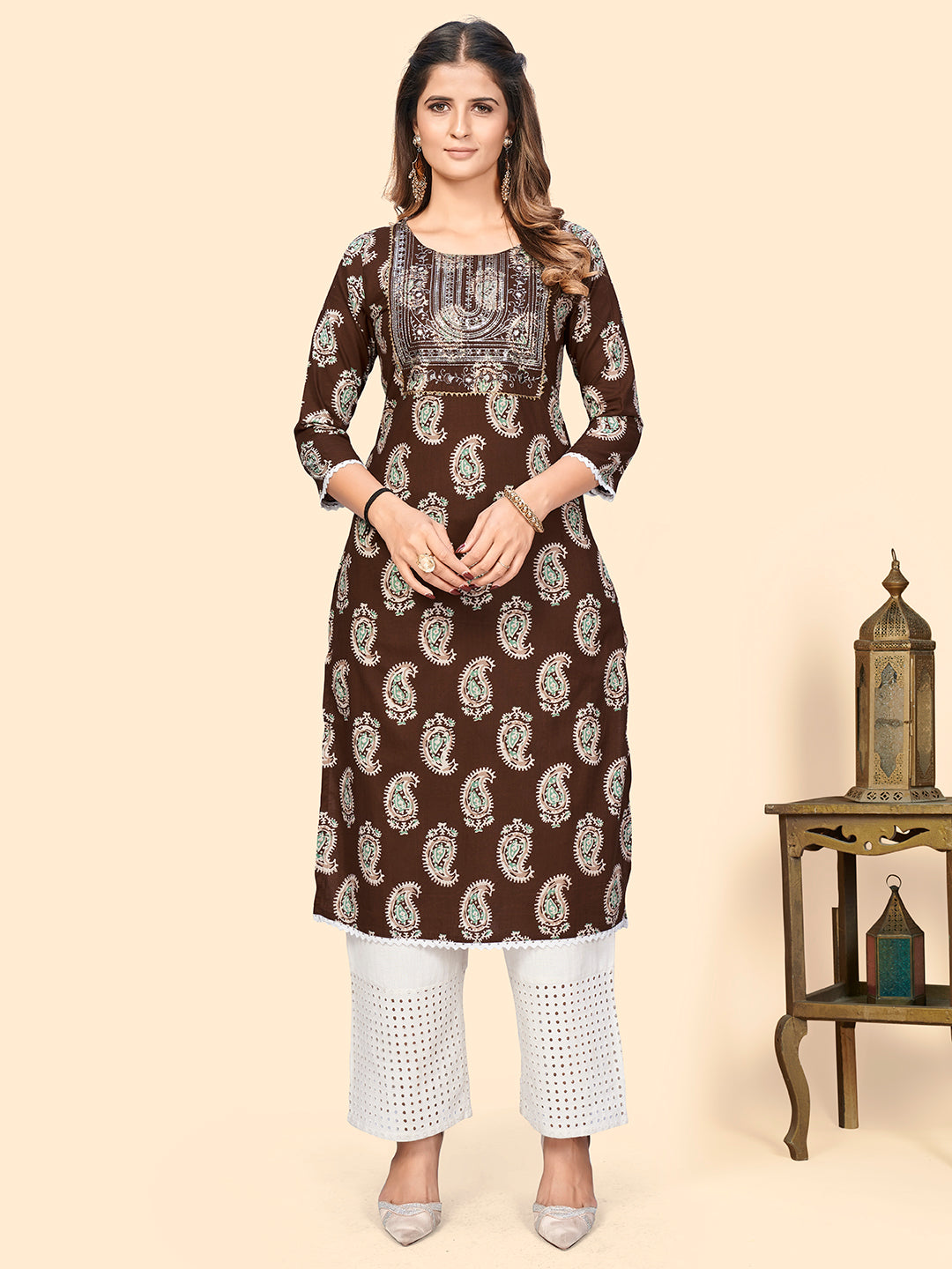 Women's Print & Sequience Straight Cotton Brown Stitched Kurta - Vbuyz