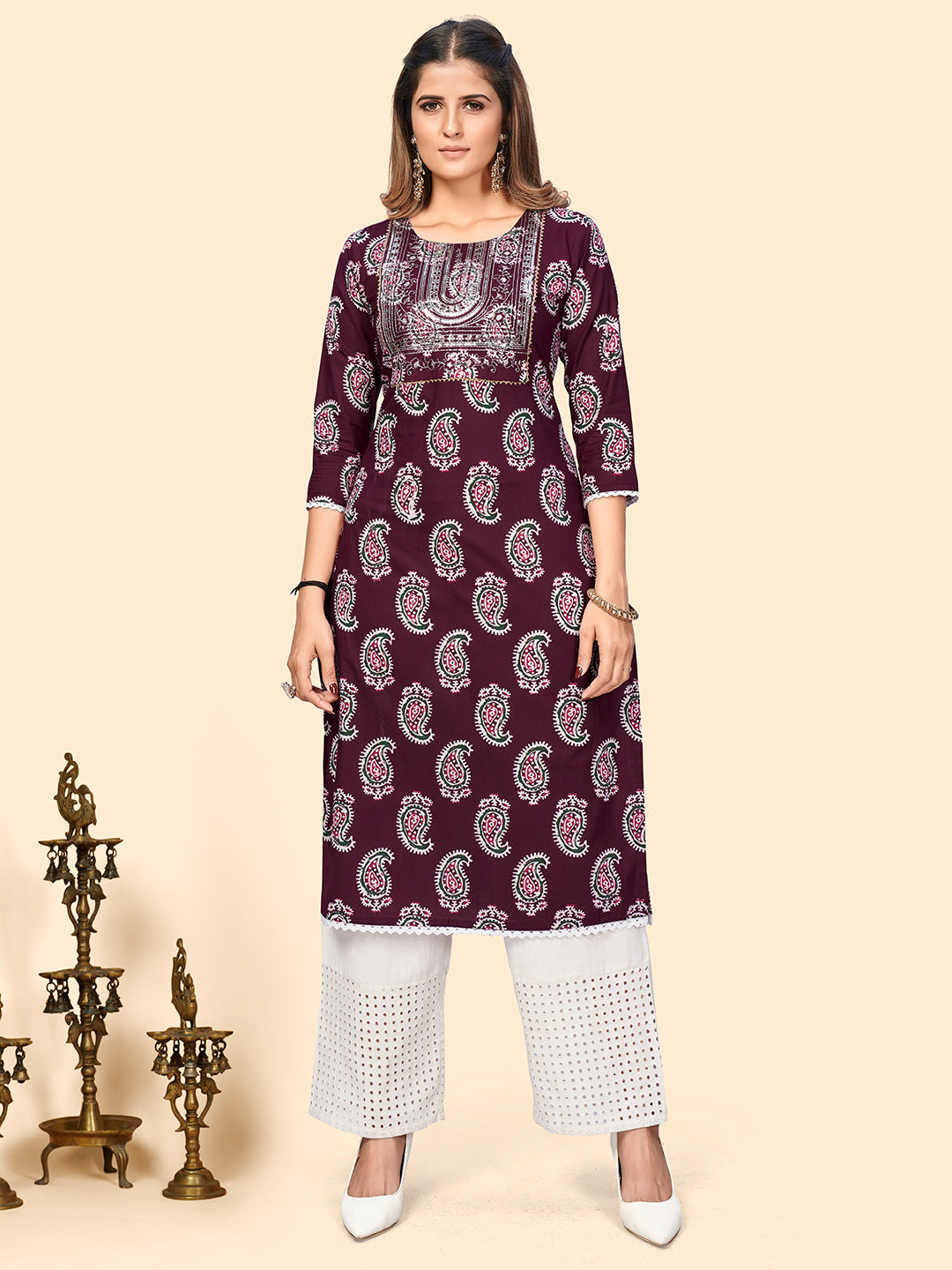 Women's Print & Sequience Straight Cotton Purple Stitched Kurta - Vbuyz