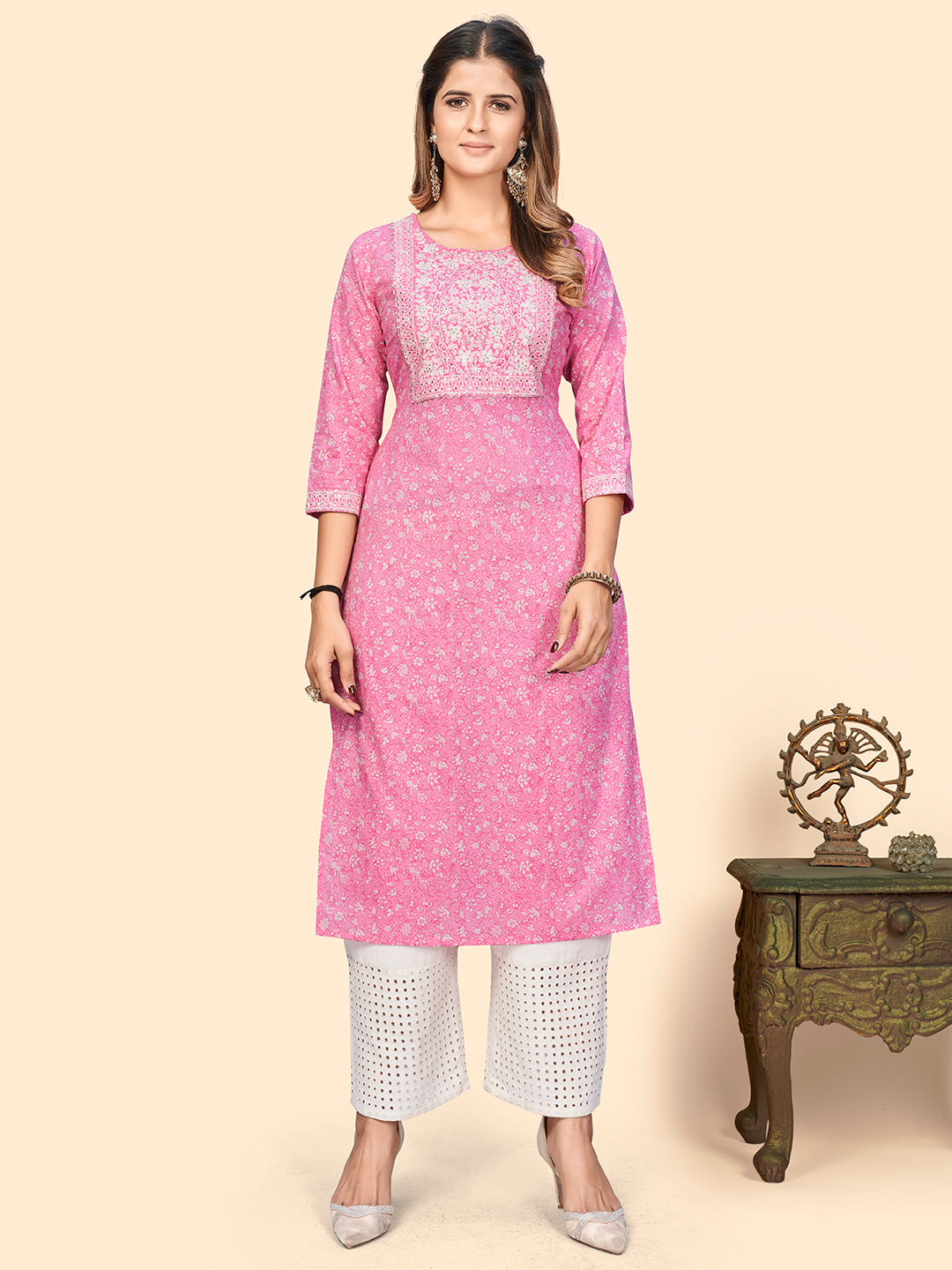 Women's Print & Sequience Straight Cotton Baby Pink Stitched Kurta - Vbuyz