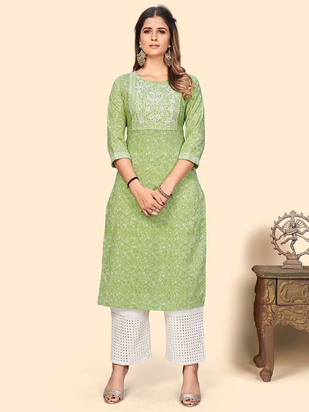 Women's Print & Sequience Straight Cotton Pista Stitched Kurta - Vbuyz