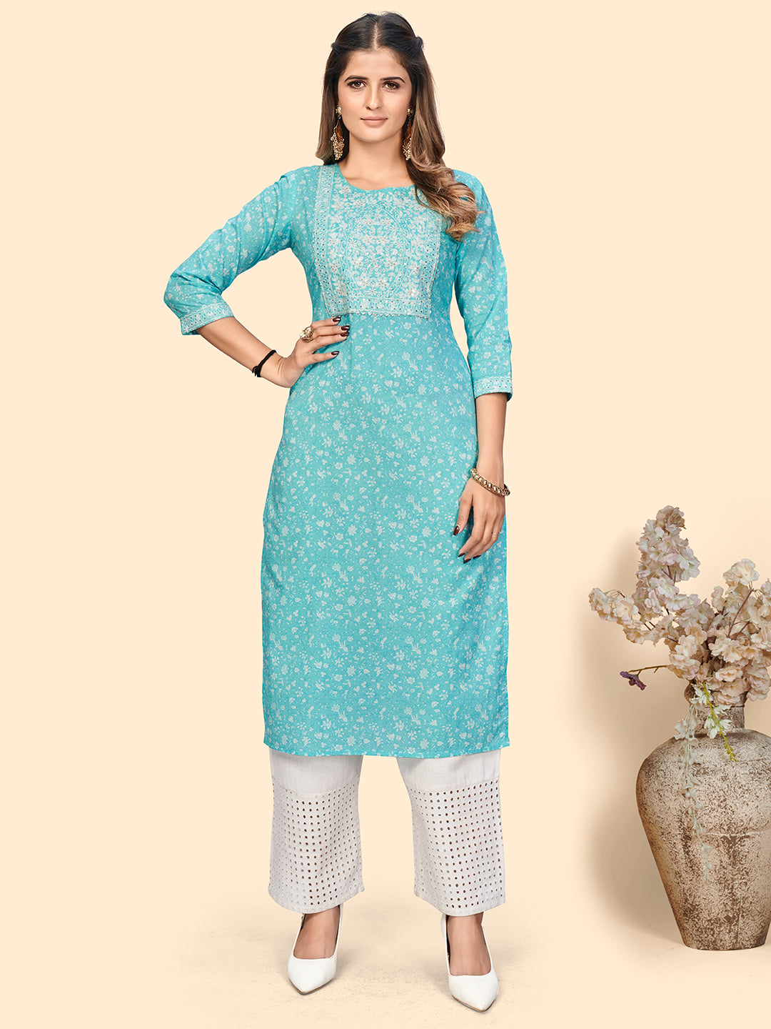 Women's Print & Sequience Straight Cotton Sky Blue Stitched Kurta - Vbuyz