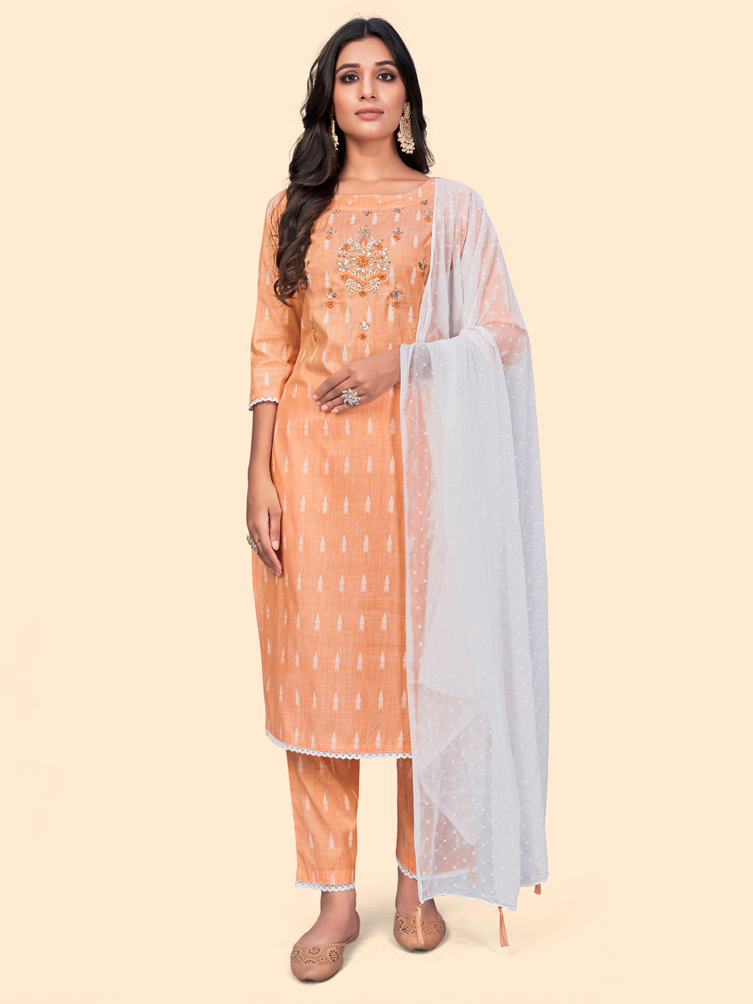 Women's Print & Handwork Straight Cotton Orange Stitched Kurta Pant With Dupatta - Vbuyz