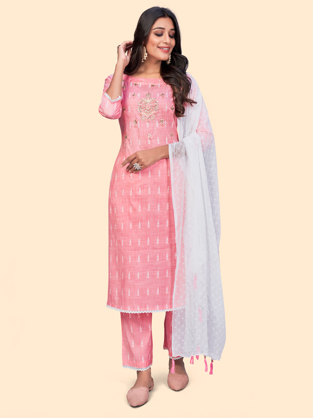 Women's Print & Handwork Straight Cotton Pink Stitched Kurta Pant With Dupatta - Vbuyz