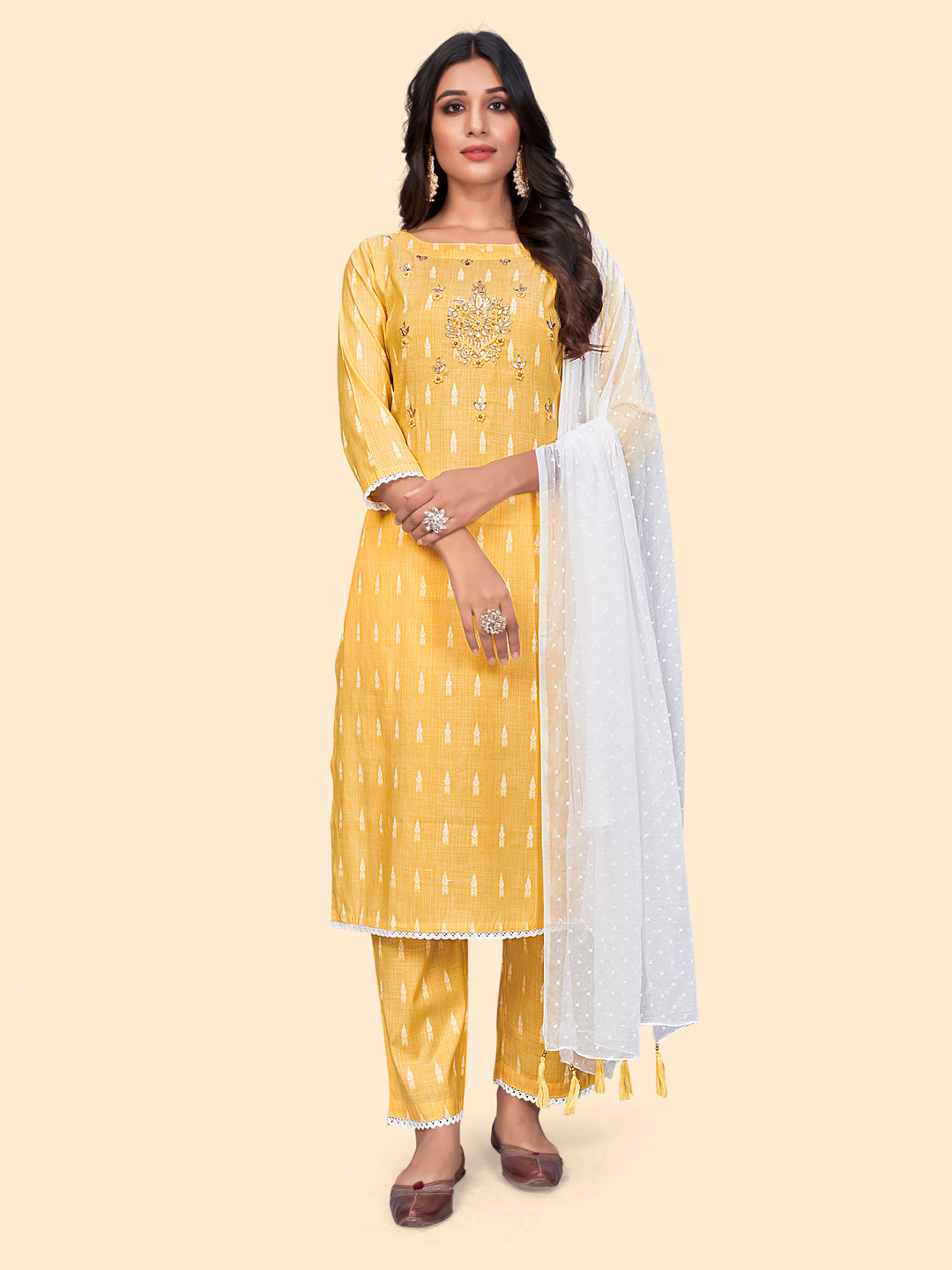 Women's Print & Handwork Straight Cotton Yellow Stitched Kurta Pant With Dupatta - Vbuyz