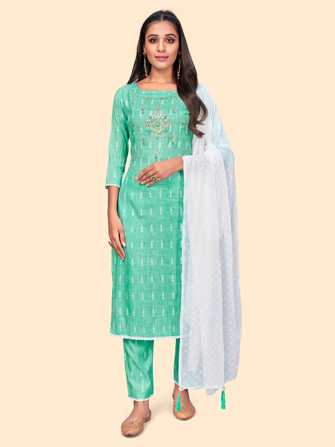 Women's Print & Handwork Straight Cotton Sky Blue Stitched Kurta Pant With Dupatta - Vbuyz