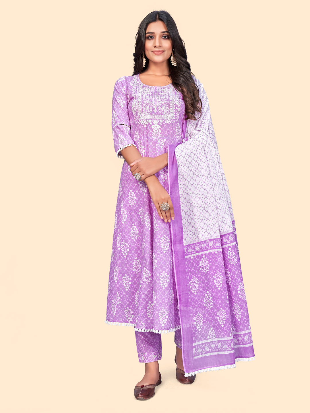 Women's Print & Embroidered A-Line Cotton Lavender Stitched Kurta Pant With Dupatta - Vbuyz