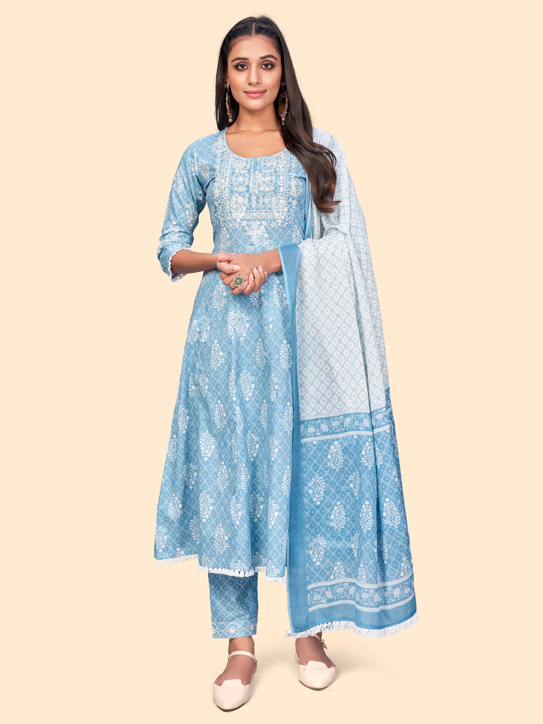 Women's Print & Embroidered A-Line Cotton Blue Stitched Kurta Pant With Dupatta - Vbuyz