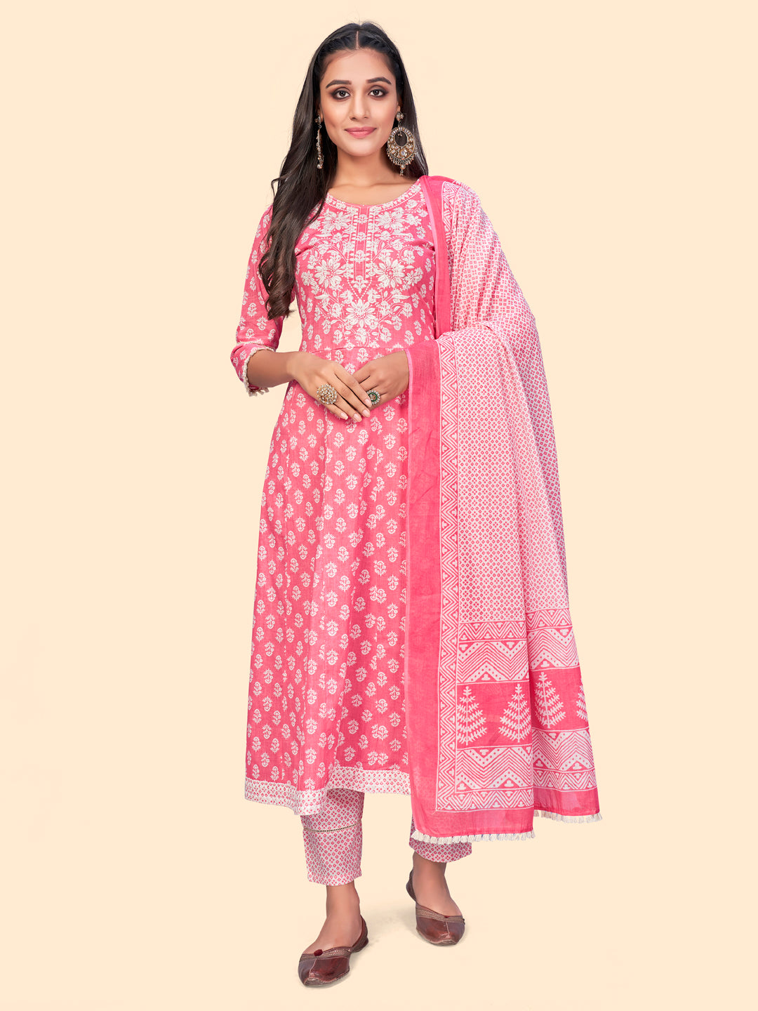 Women's Print & Embroidered A-Line Cotton Pink Stitched Kurta Pant With Dupatta - Vbuyz