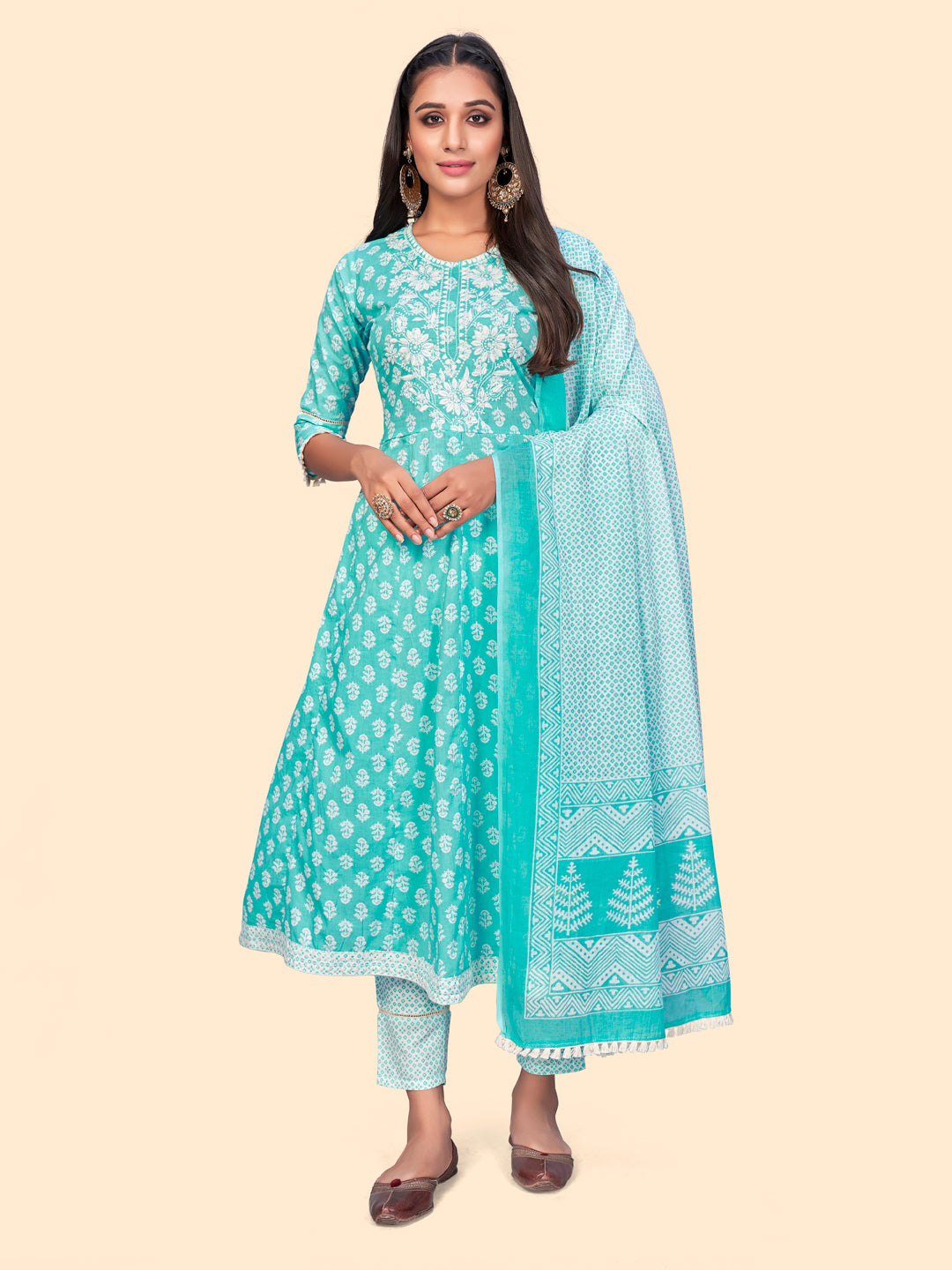 Women's Print & Embroidered A-Line Cotton Sky Blue Stitched Kurta Pant With Dupatta - Vbuyz