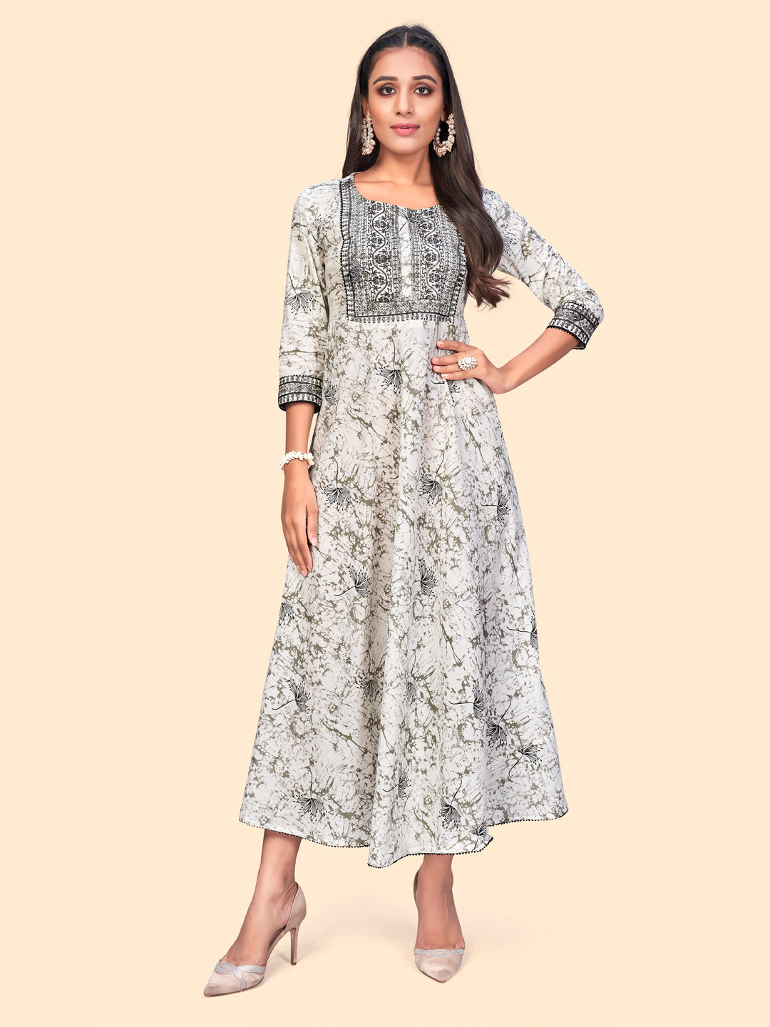 Women's Embroidered Anarkali Cotton Grey Stitched Kurta - Vbuyz