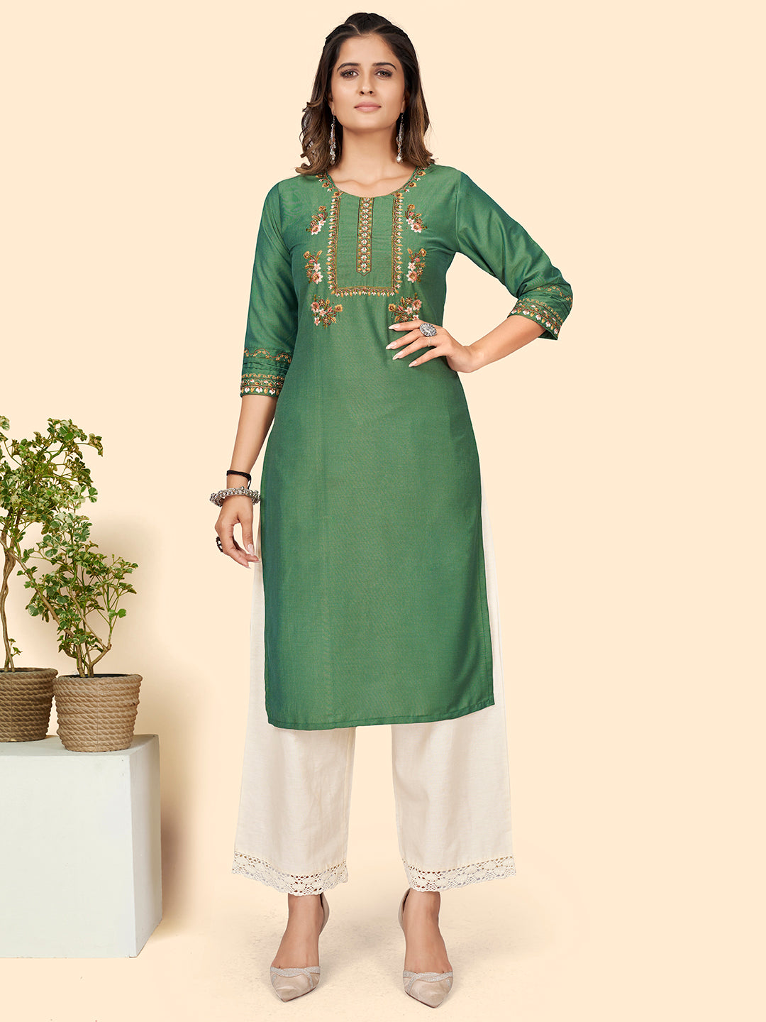 Women's Hand Work Straight Chinon Sea Green Stitched Kurta - Vbuyz