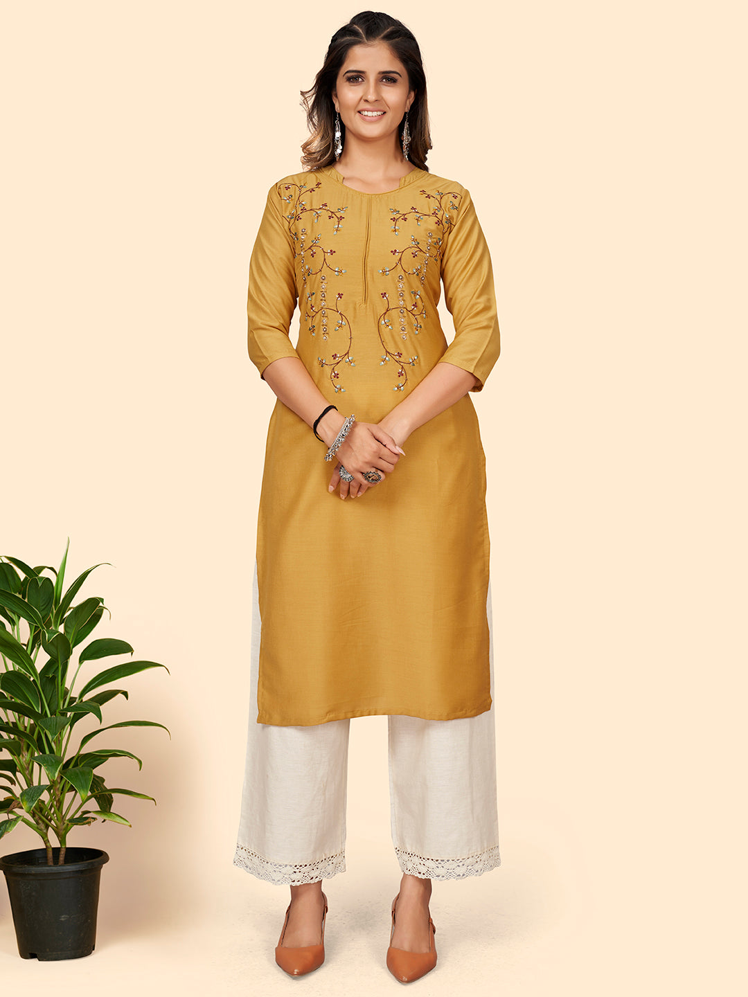 Women's Hand Work Straight Chinon Yellow Stitched Kurta - Vbuyz