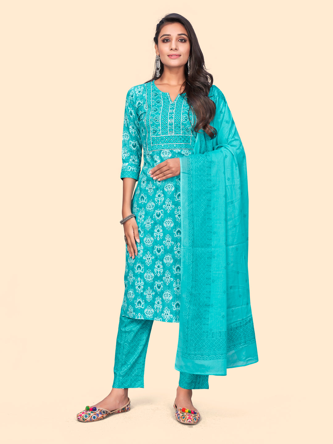 Women's Print & Sequience Straight Cotton Sky Blue Stitched Kurta Pant With Dupatta - Vbuyz