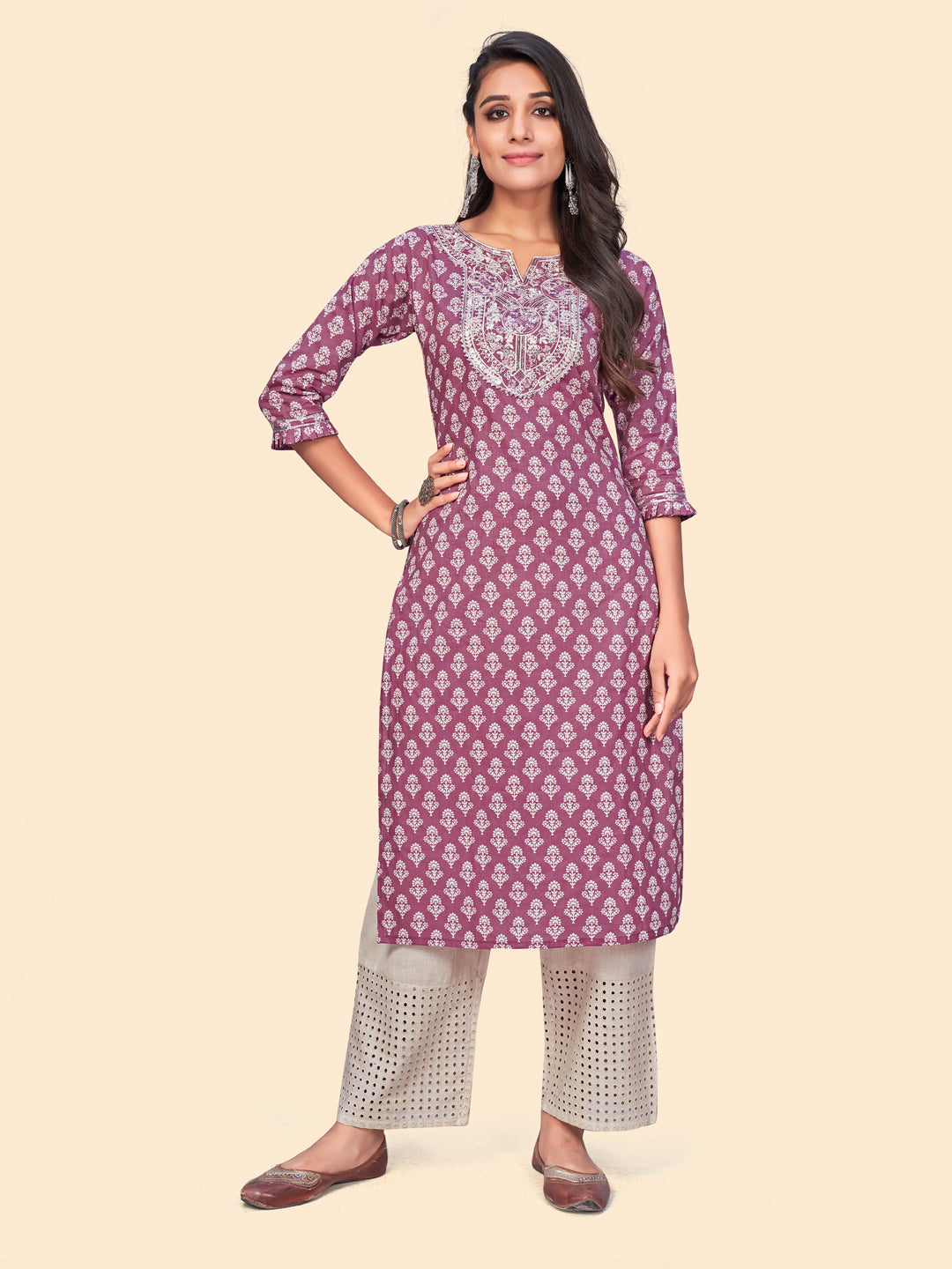 Women's Print & Embroidered Straight Cotton Mauve Stitched Kurta - Vbuyz