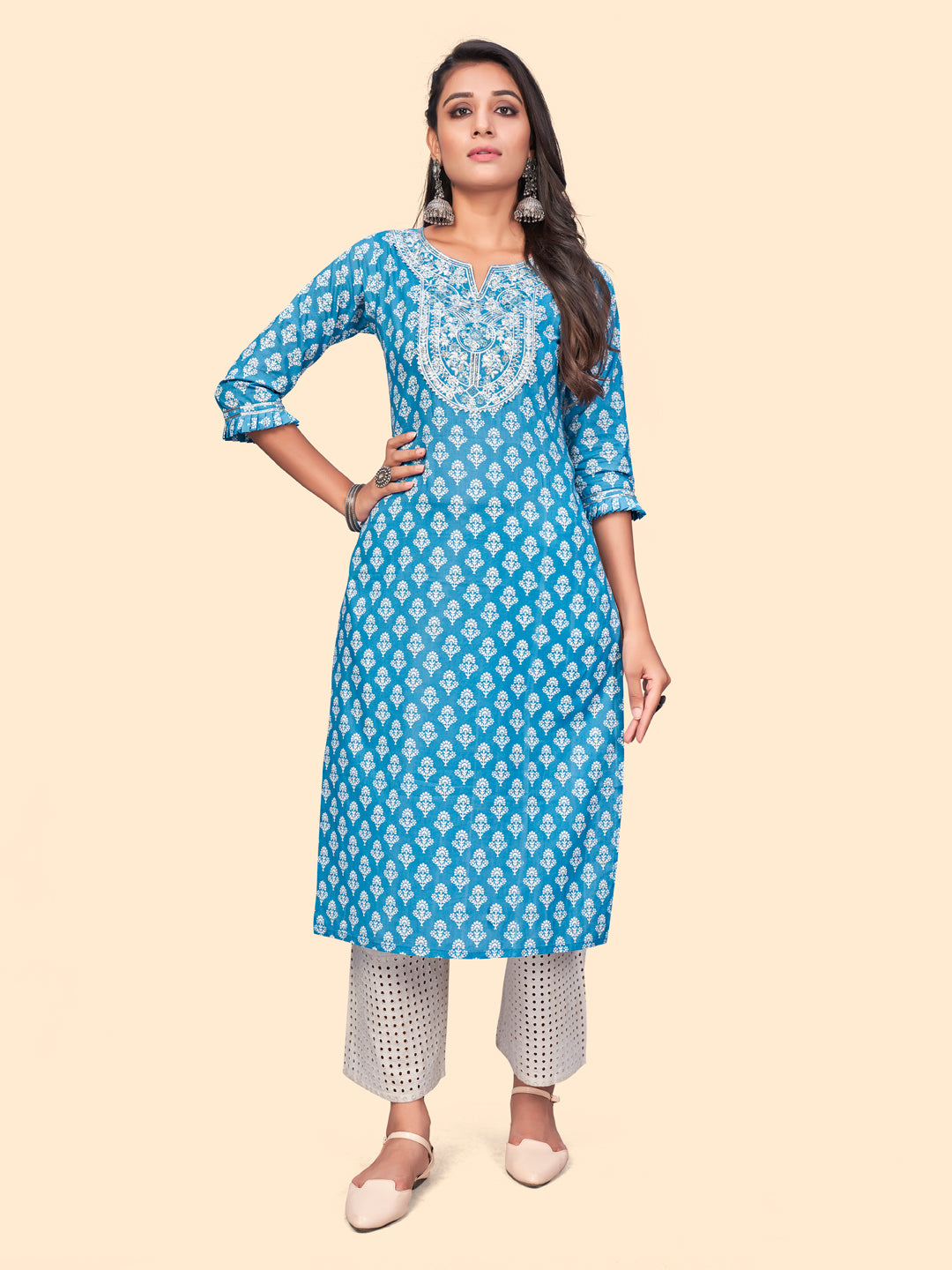 Women's Print & Embroidered Straight Cotton Blue Stitched Kurta - Vbuyz