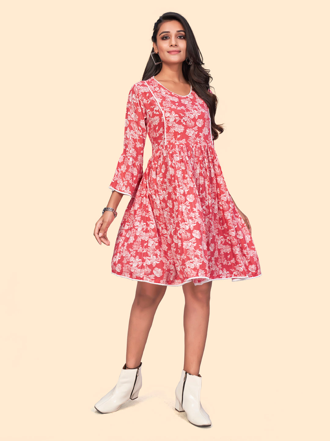 Women's Floral Print Flared Georgette Pink Stitched Dress - Vbuyz