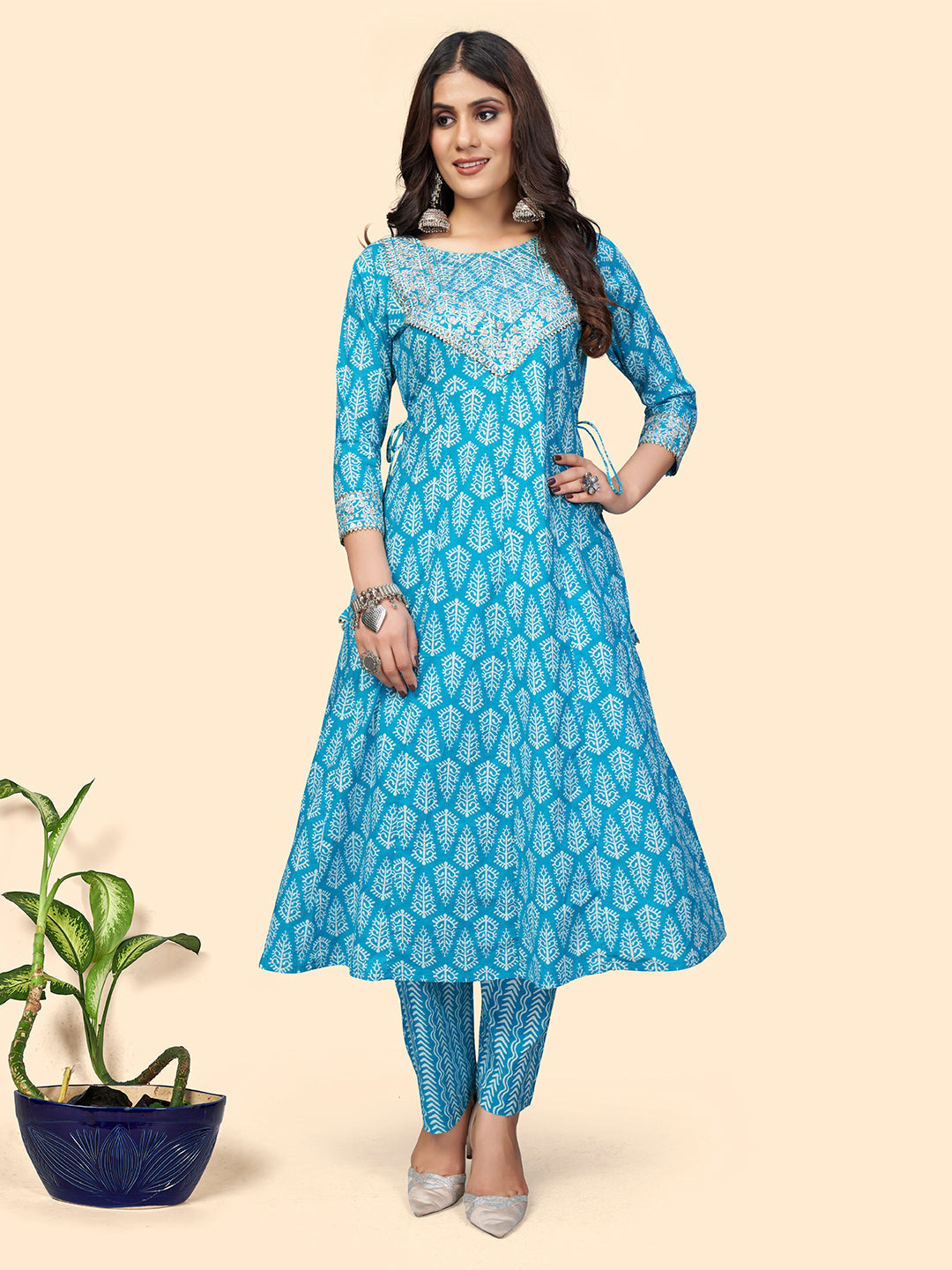 Women's Print & Sequience A-Line Cotton Sky Blue Stitched Kurta - Vbuyz