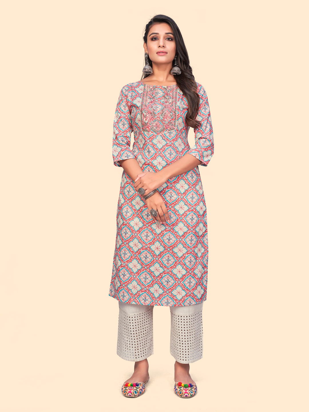 Women's Print & Embroidered Straight Cotton Pink Stitched Kurta - Vbuyz