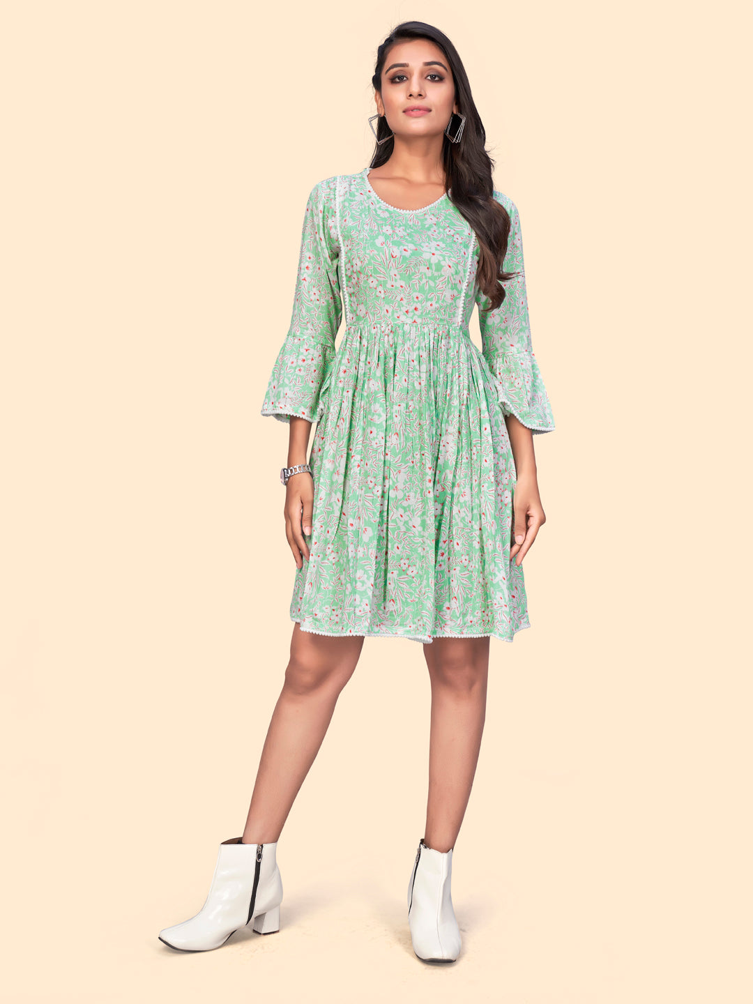 Women's Floral Print Flared Georgette See Green Stitched Dress - Vbuyz