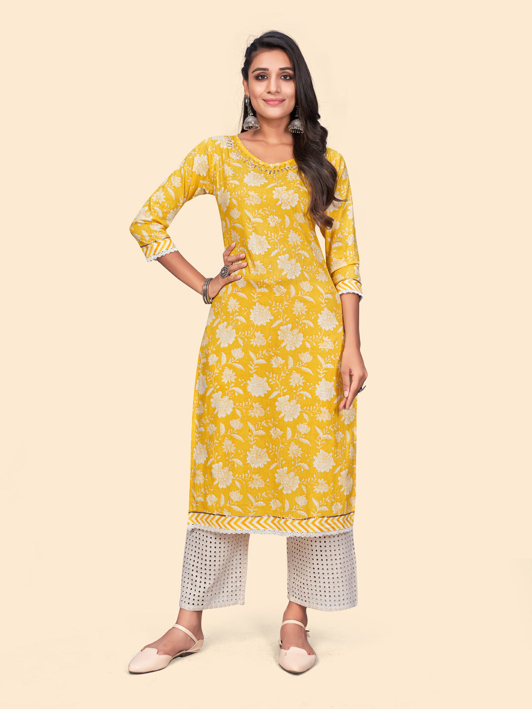 Women's Floral Print Straight Cotton Yellow Stitched Kurta - Vbuyz