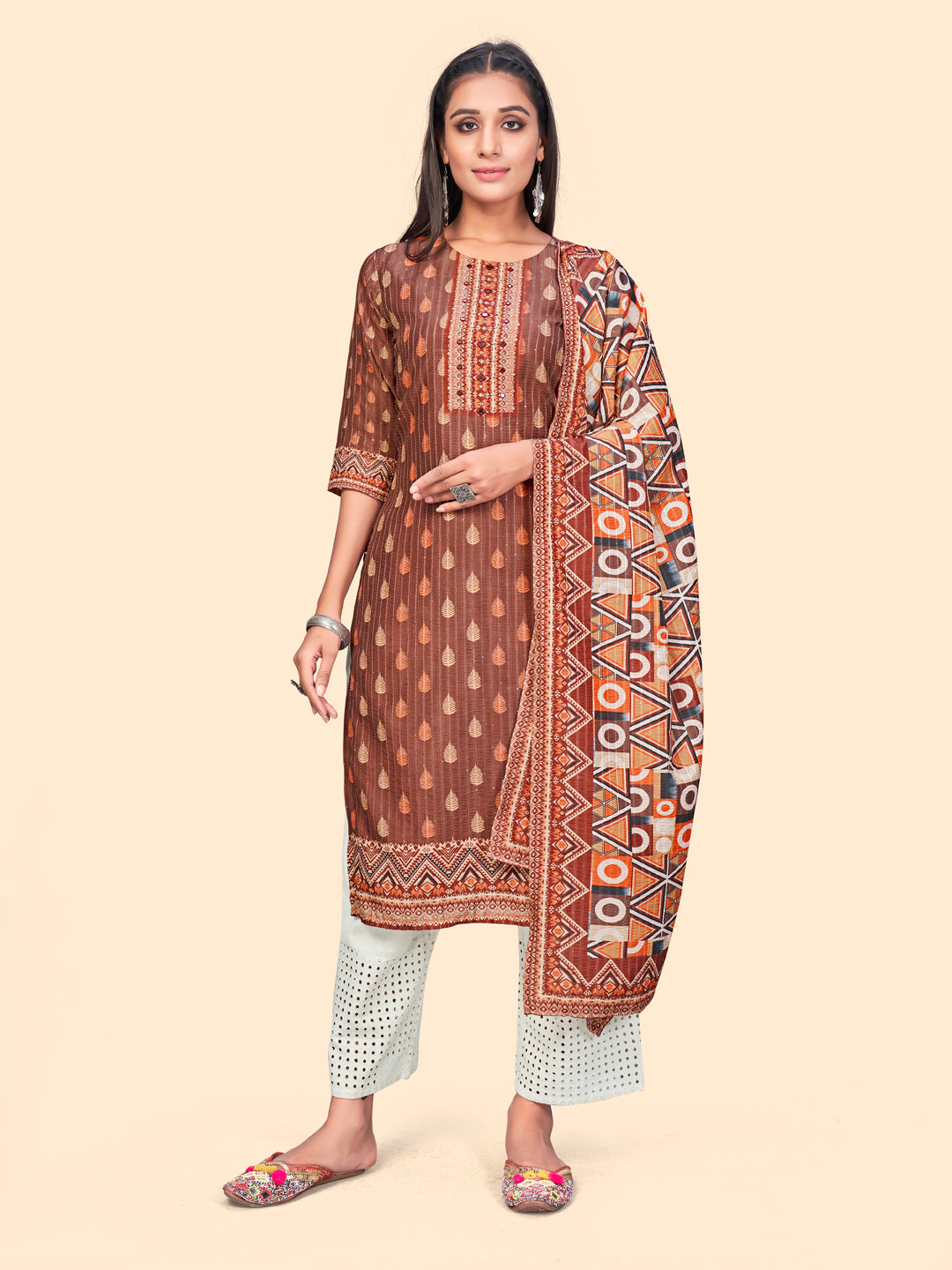 Women's Print & Sequience Straight Musline Brown Stitched Kurta With Dupatta - Vbuyz