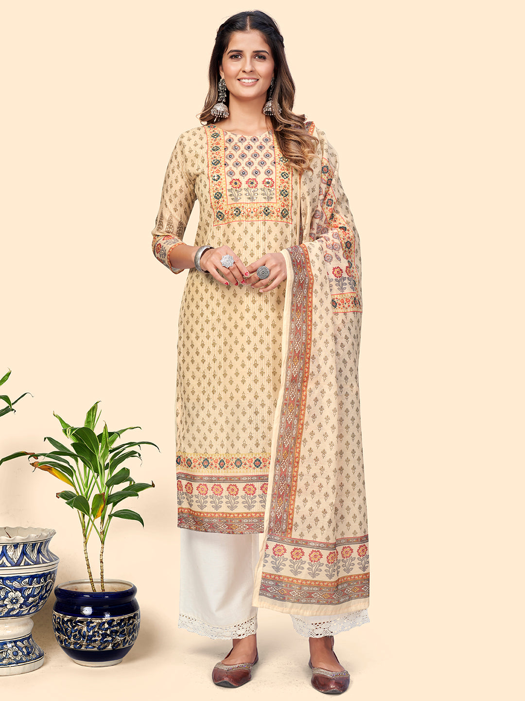 Women's Print & Sequience Straight Musline Cream Stitched Kurta With Dupatta - Vbuyz