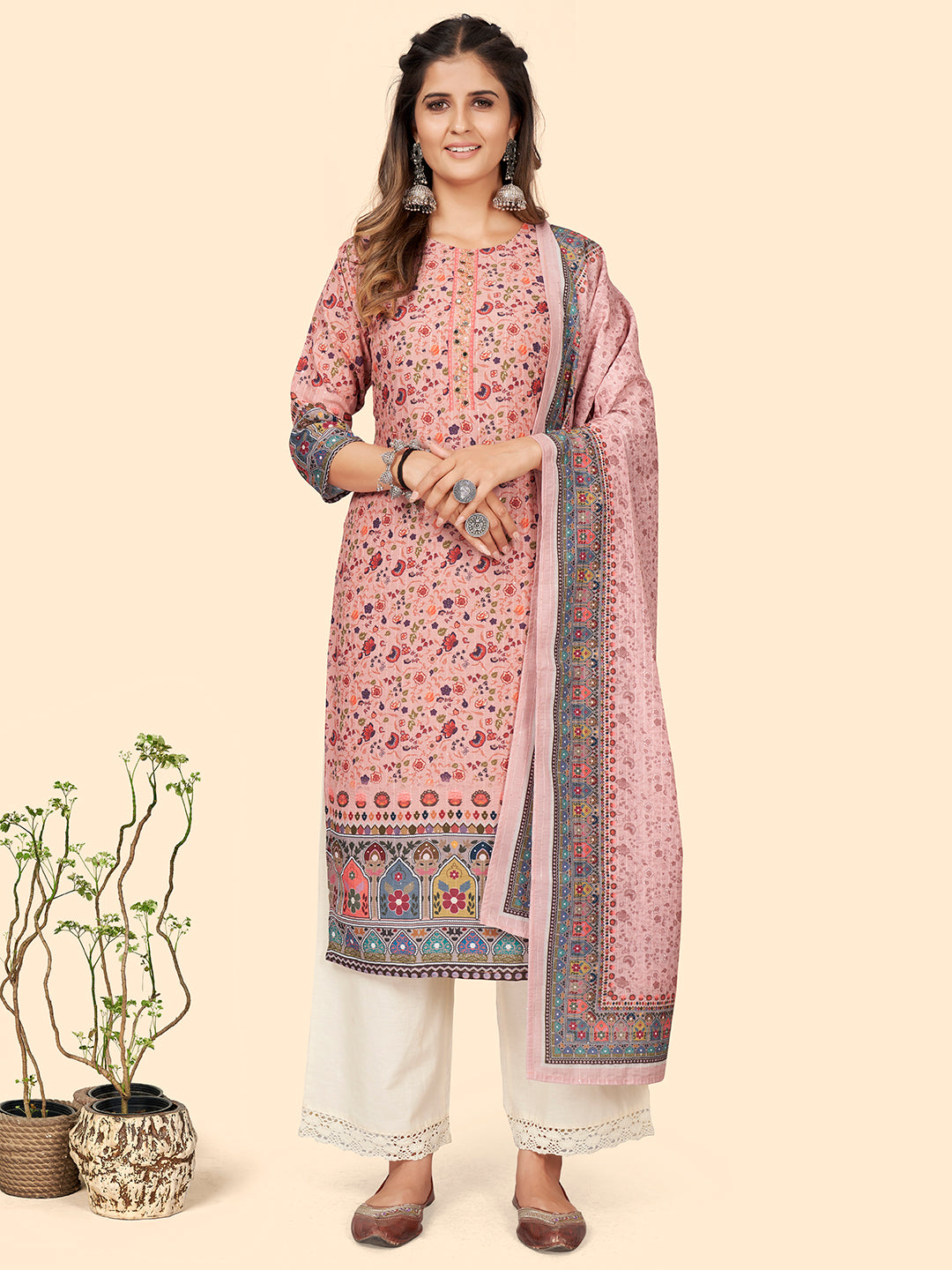 Women's Print & Sequience Straight Musline Pink Stitched Kurta With Dupatta - Vbuyz