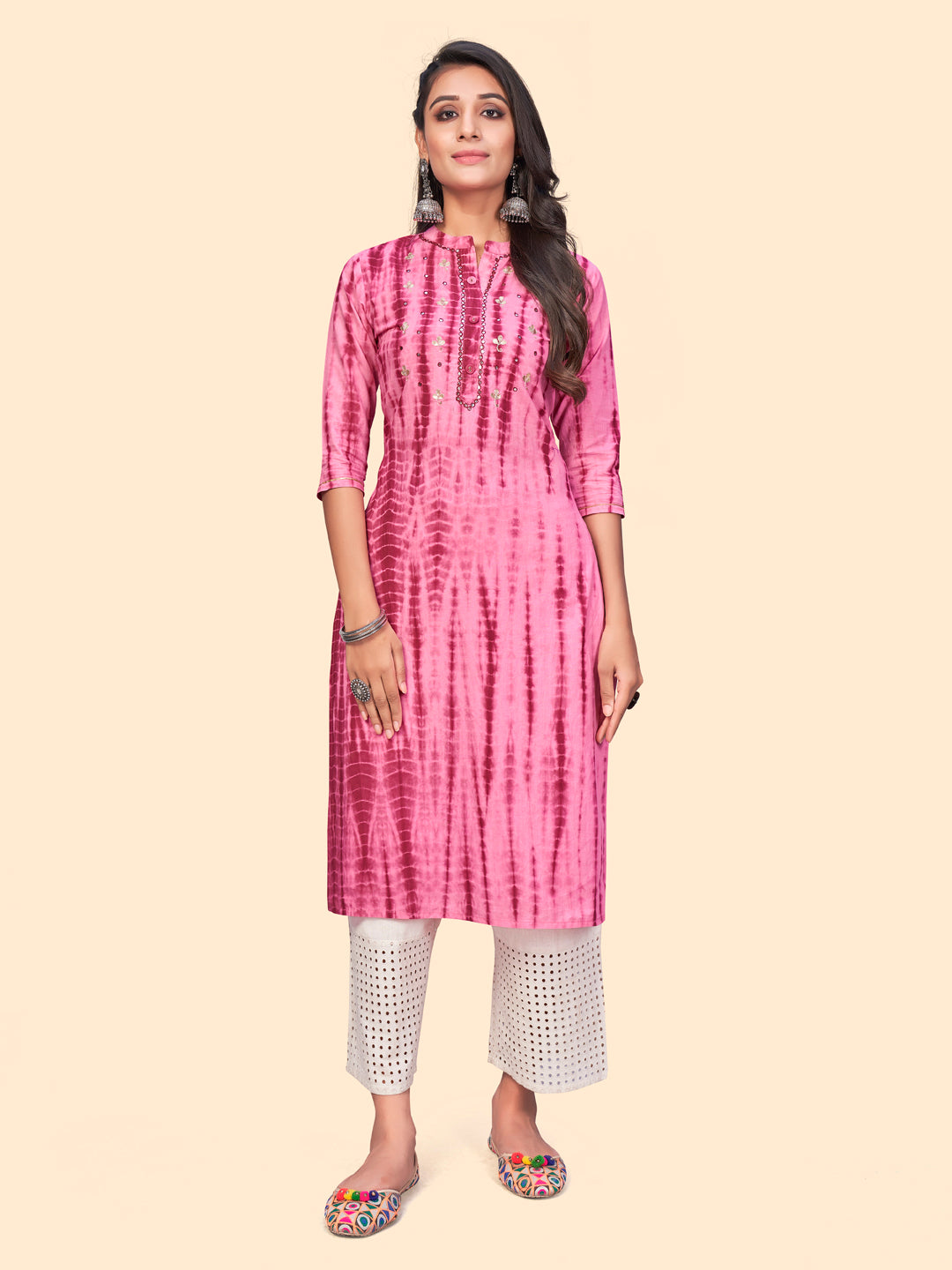 Women's Tie Dye Print & Gota Patti Straight Cotton Pink Stitched Kurta - Vbuyz