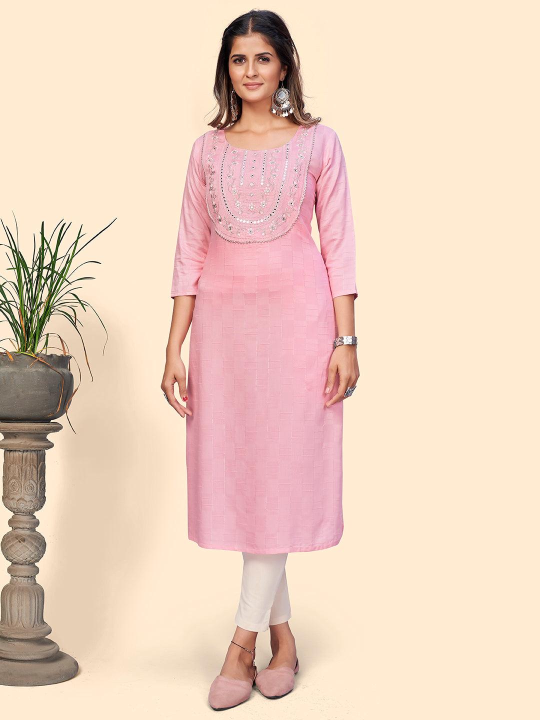 Women's Embroidered & Mirror Straight Fancy Rayon Pink Stitched Kurta - Vbuyz