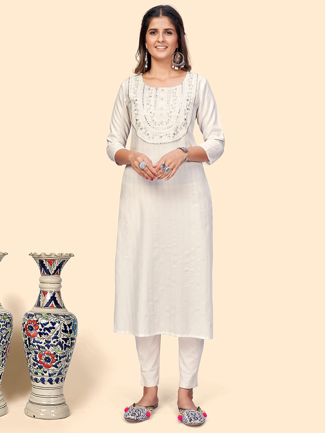 Women's Embroidered & Mirror Straight Fancy Rayon White Stitched Kurta - Vbuyz