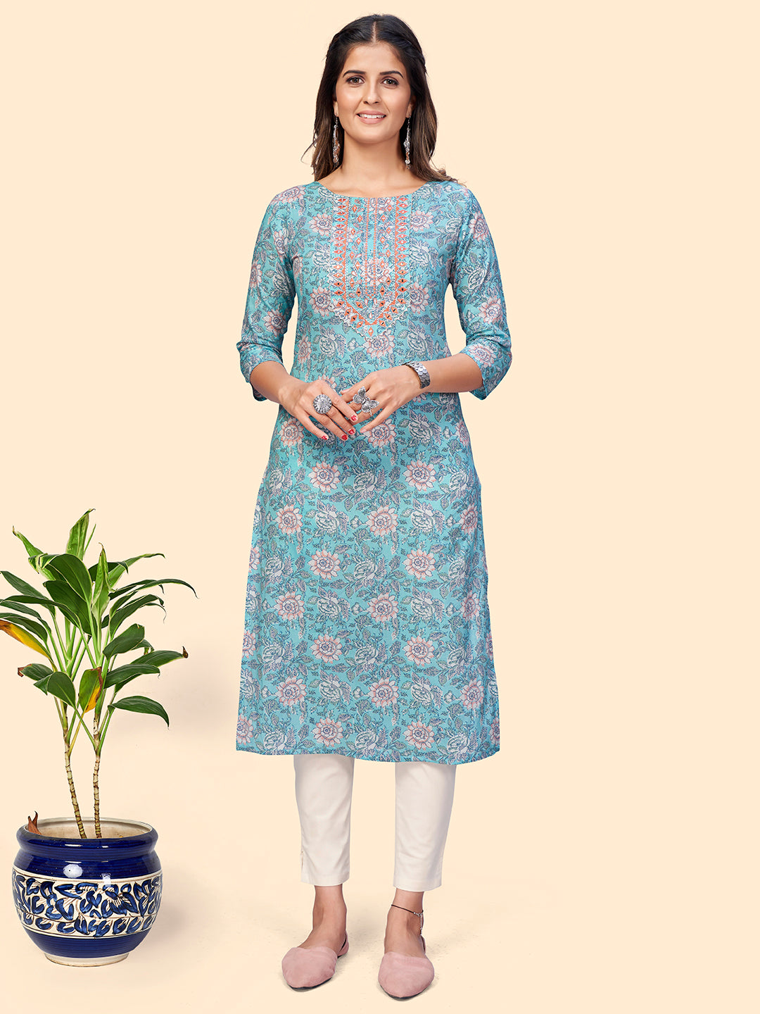 Women's Printed & Embroidered Straight Cotton Sky Blue Stitched Kurta - Vbuyz