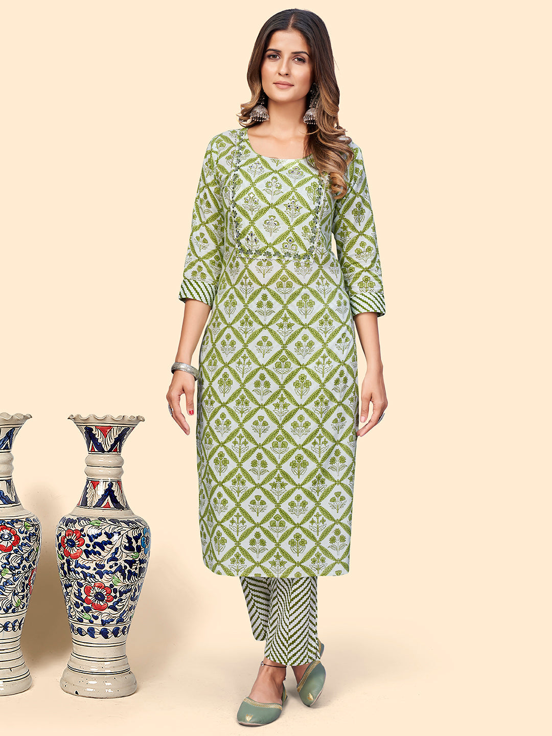 Women's Printed & Embroidered Straight Cotton Green Stitched Kurta - Vbuyz