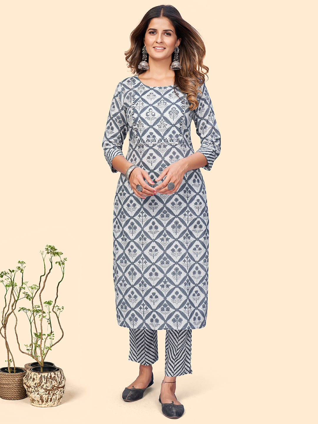 Women's Printed & Embroidered Straight Cotton Navy Blue Stitched Kurta - Vbuyz