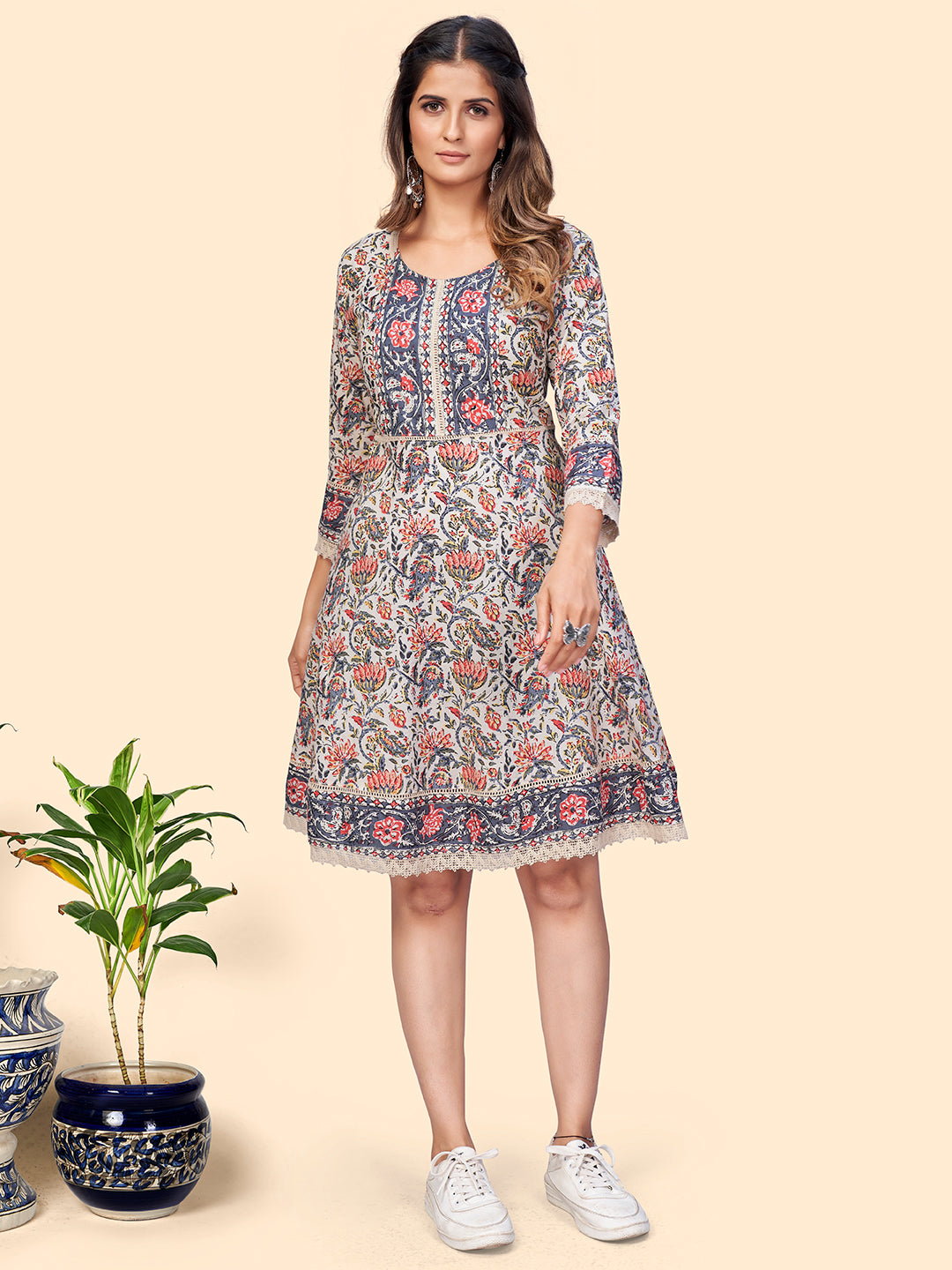 Women's Floral Print Flared Cotton Beige Stitched Dress - Vbuyz