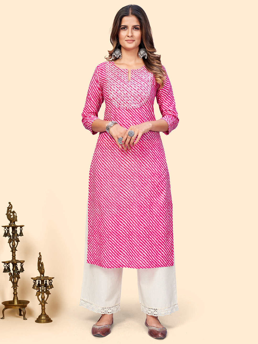 Women's Printed & Sequience Straight Cotton Pink Stitched Kurta - Vbuyz