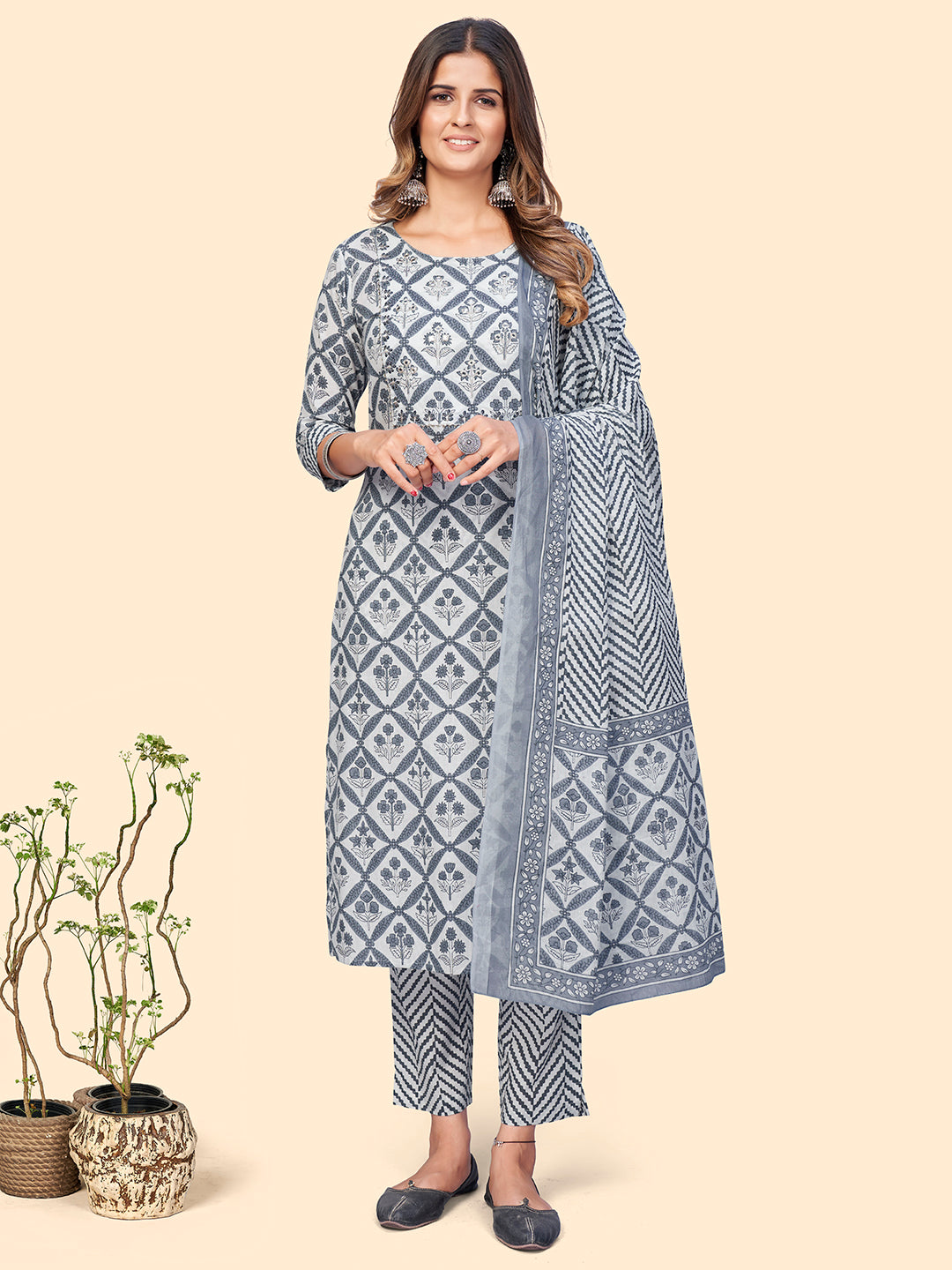 Women's Printed & Embroidered Straight Cotton Navy Blue Stitched Kurta Pant With Dupatta - Vbuyz