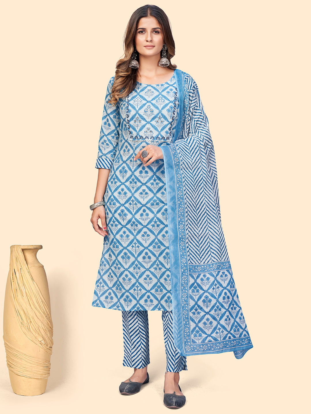 Women's Printed & Embroidered Straight Cotton Sky Blue Stitched Kurta Pant With Dupatta - Vbuyz